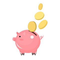 Flat icon piggy bank with coins isolated on white background. Vector illustration.
