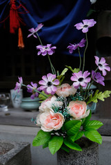 Artificial (fake) flowers called "Bukka" offering to Buddha. At a Buddha shrine in  Kyoto, Japan.