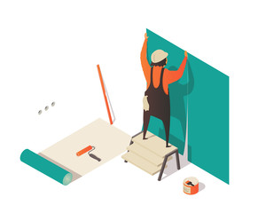 Isometric illustration with man hanging wallpaper.