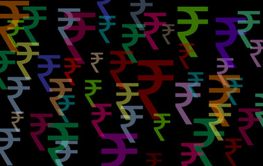 Indian rupee symbol.  Currency INR. Coin sign graphic isolated of legal tender, on a dark background, elegant black in contrast with cheerful tones. Illustration with randomly placed sign. Finance.