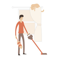 Man cleaning with vacuum cleaner.