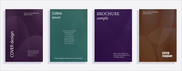 Minimalistic cover design templates. Set of layouts for covers of books, albums, notebooks, reports, magazines. Line halftone gradient effect, flat modern abstract design. Geometric mock-up texture