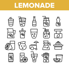 Lemonade Tasty Drink Collection Icons Set Vector Thin Line. Lemonade In Glass With Tube And In Bottle, Juicer And Lemon Sliced Piece Concept Linear Pictograms. Monochrome Contour Illustrations