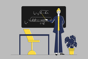 Woman teacher of mathematics is holding pointer near chalkboard in class, flat vector illustration.