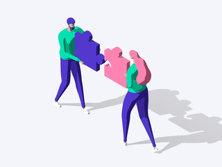 Business concept. Team metaphor. people connecting puzzle elements. Vector isometric illustration flat design style. Solution partnership group problem together. Answer part