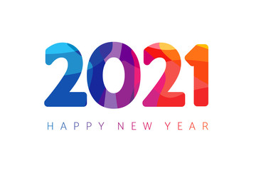 Happy New Year 2021 colorful facet logo text design. Cover of business diary for 2021 with wishes. Brochure design template, Xmas card, sale banner. Vector Christmas illustration on white background - obrazy, fototapety, plakaty