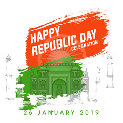 26 January, Happy Republic Day India greeting card. Vector illustration for 26th january Republic Day India lettering banner with national flag and text.