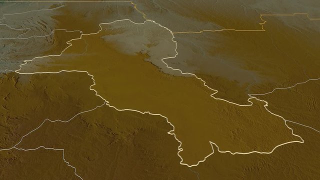 Malanje, province with its capital, zoomed and extruded on the relief map of Angola in the conformal Stereographic projection. Animation 3D