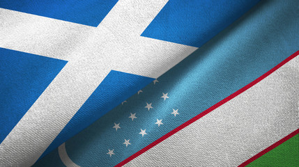 Scotland and Uzbekistan two flags textile cloth, fabric texture