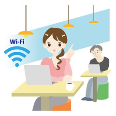 シェアオフィス　コワーキングスペース　会社　働く　女性　指差す　Wi-Fi
