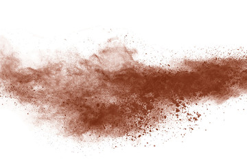 Fototapeta na wymiar Brown color powder explosion on white background. 