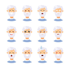 Fototapeta premium Set of caucasian male emotional characters. Cartoon style people emoticon icons. Holiday elderly guys avatars. Flat illustration men faces. Hand drawn vector drawing emoji portraits