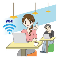 シェアオフィス　コワーキングスペース　会社　働く　女性　指差す　Wi-Fi