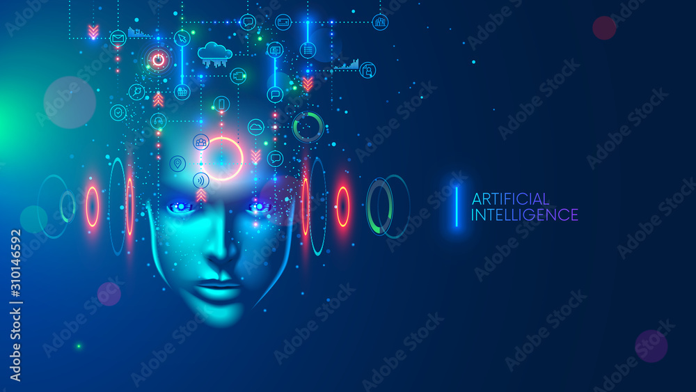 Poster Artificial intelligence in the image of a wise woman. AI conceptual futuristic blue banner. Cybernetics mind analysis data. Neuron network processes information. Interface consists of computer icons.