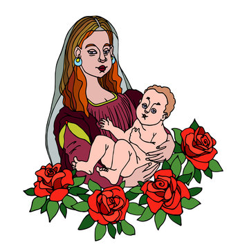 recommend clip art: Madonna with baby in arms & red roses with leaves, symbol of mother love & family, color vector illustration with black contour lines isolated on white background in cartoon and hand drawn style