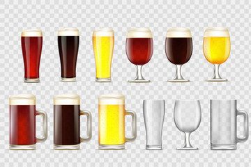 Set of light, red and dark beer in glasses and mugs