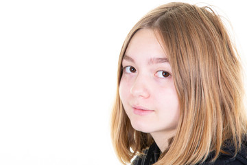 Portrait smiling young teenager girl on white background