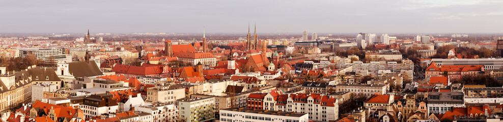 Naklejka na ściany i meble Bird Eye View to Panorama of Wroclaw City, Poland. View from the top of central Tower.