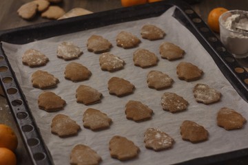 Freshly baked Christmas ginger cookies on baking paper only from the oven