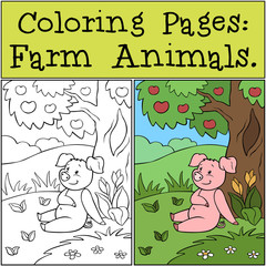 Coloring Pages: Farm Animals. Cute little pig sitting near a tree on the grass and smiling.