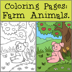 Fototapeta premium Coloring Pages: Farm Animals. Cute little pig sitting near a tree on the grass and smiling.