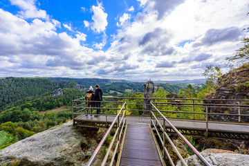 Bastei Rocks in Swiss Saxony, beautiful landscape scenery around the ruins of Neurathen Castle, Elbe Sandstone Mountains in Saxon Switzerland, Germany, Europe.