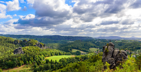 Fototapeta na wymiar Bastei Rocks in Swiss Saxony, beautiful landscape scenery around the ruins of Neurathen Castle, Elbe Sandstone Mountains in Saxon Switzerland, Germany, Europe.