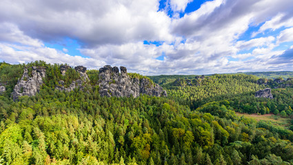 Bastei Rocks in Swiss Saxony, beautiful landscape scenery around the ruins of Neurathen Castle, Elbe Sandstone Mountains in Saxon Switzerland, Germany, Europe.