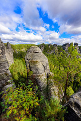 Bastei Rocks in Swiss Saxony, beautiful landscape scenery around the ruins of Neurathen Castle, Elbe Sandstone Mountains in Saxon Switzerland, Germany, Europe.