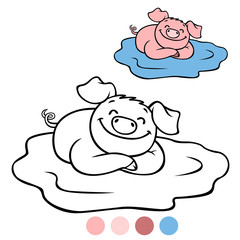 Color me: Little cute piglet lies in the puddle and smiles.