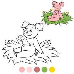 Color me: Little cute piglet sits on the grass and smiles.