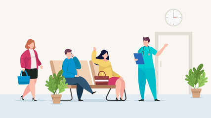 Patients sitting in chairs waiting doctor in clinic hospital, vector flat illustration