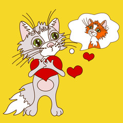 cat in love thinks about his girlfriend and sends her a kiss, Valentine`s Day vector greeting card on yellow isolated background with hearts