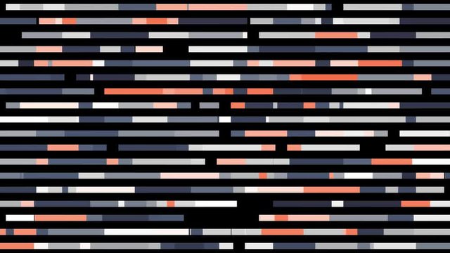 Abstract horizontal parallel rows of line segments moving intermittently into the same direction isolated on black background. Animation. Seamless loop motion design.