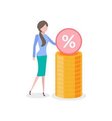 Woman with stack of gold and percent sign isolated cartoon character. Vector lady in skirt and saved coins, growth of savings and income, financial profit