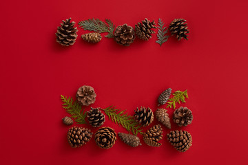 Flat lay composition of fir cones and spruce branches on the red background. Christmas concept