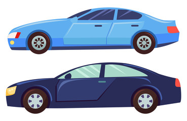 Fototapeta na wymiar Blue car isolated on white background. Sedan with dark toned glasses. Auto to drive and get your destination quickly. Wheeled motor vehicle used for transportation. Vector illustration in flat style
