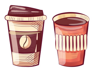 Take away coffee poured in disposable plastic or paper cup vector. Isolated hand drawn drink latte or cappuccino in mug with bean logotype flat style