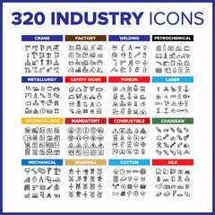 Industry Icon Thin Line Big Set Vector. Industry Symbol Package Bundle. Isolated Sign For Web Design Illustrations