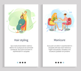 Manicure vector, hair styling process making new haircut woman at beauty salon with expert, client on chair, lady manicurist polishing nails. Website or slider app, landing page flat style