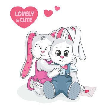 Loving couple. A lovely and cute Teddy Bunny. Valentine's day postcard. Children's cartoon illustration with white rabbits. Vintage picture. Isolated image with funny animals. Romantic story. Vector.