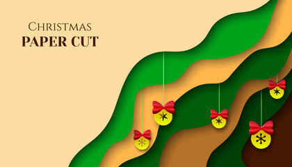 Greeting card with hanging Christmas balls. Place for text. Business card, invitation in paper art. Vector illustration