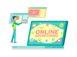User man browsing web vector. Online advertising and promotion of product, digital marketing, commercial activity of business. Monitor with info page
