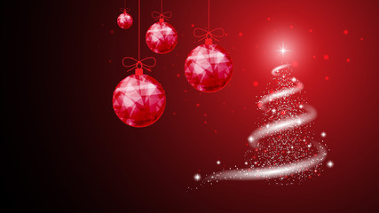 Fototapeta na wymiar Background for New Year or Christmas project. Snow, stars, New Year tree, blizzard, New Year polygonal balls. Background of beautiful dark red night sky