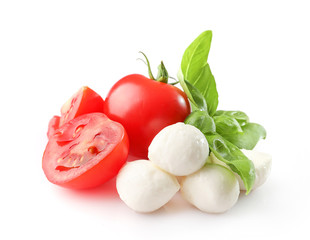 Rpe red cherry tomatos and mozzarella isolated on white background. Top view
