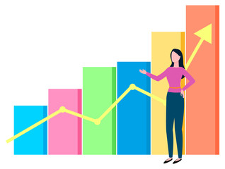 Woman broker and growing diagram chart with arrow, isolated cartoon character. Vector bussinesswoman and statistics of buys and sales, cartoon style