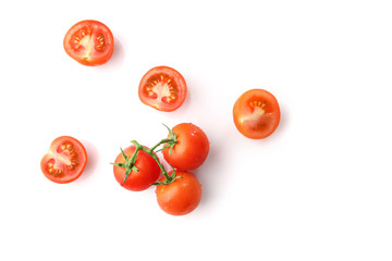 Red ripe cherry tomatoes isolated on white background. Top view - obrazy, fototapety, plakaty