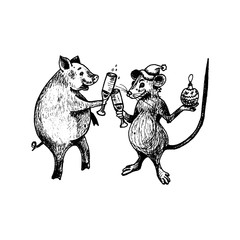 Rat with Long Tail as New Year Symbol Drinking Champagne with Symbol of Previous Year Pig Vector Illustration