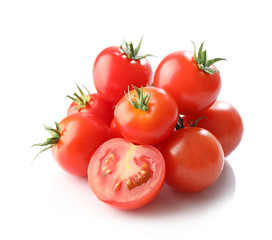 Ripe red cherry tomatos isolated on white background