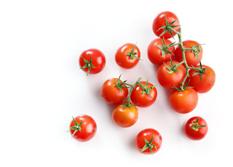 Red ripe cherry tomatoes isolated on white background. Top view